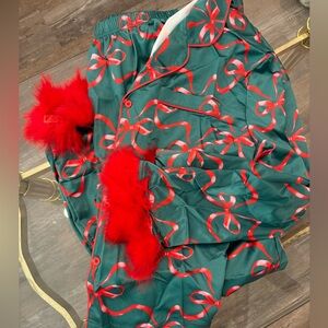 Festive Green and Red Bow Pajama Set